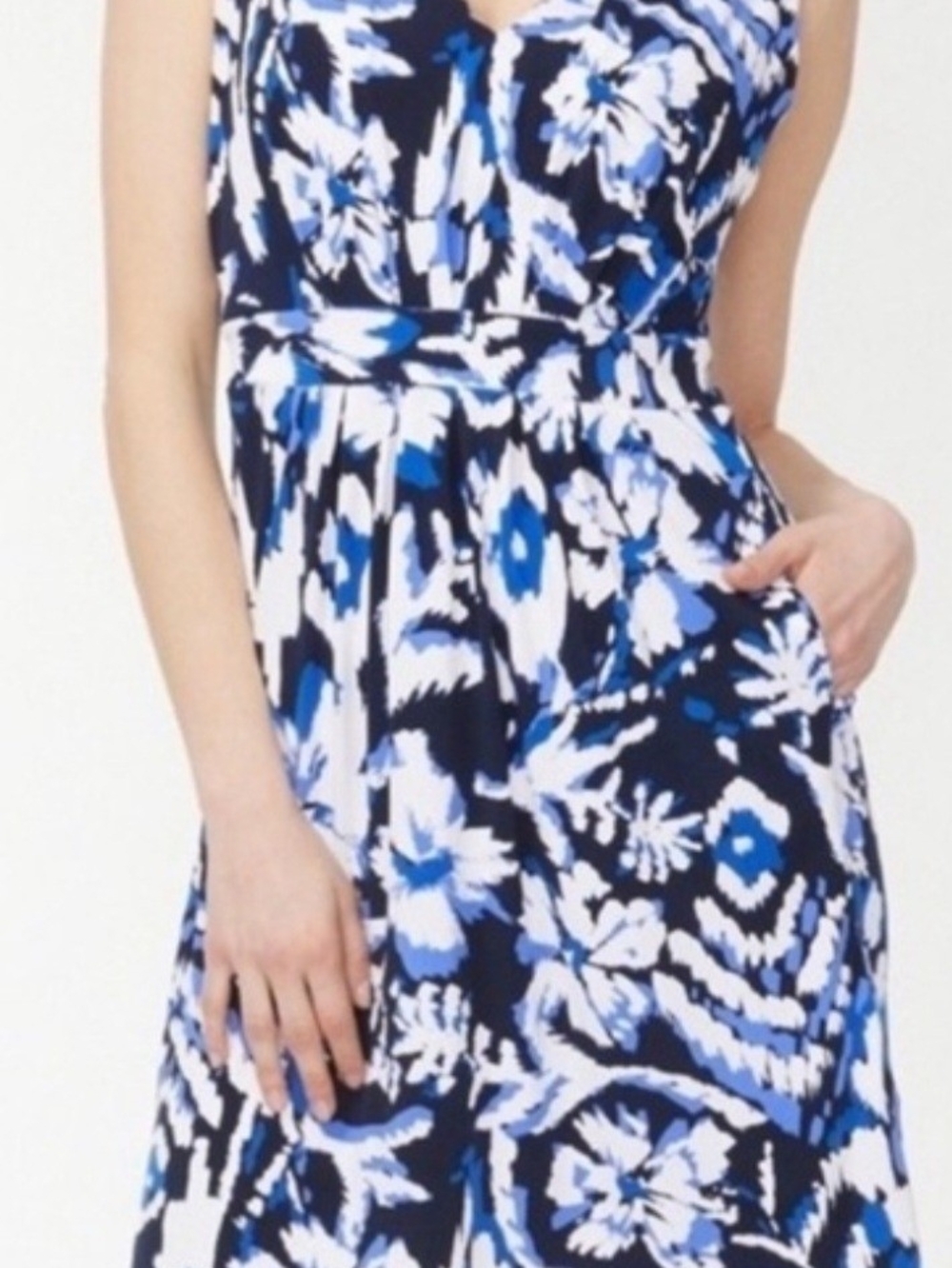 Chico's 2 Jasmina Floral Dress Size L/ 12 Sleeveless Navy Blue White Stretch